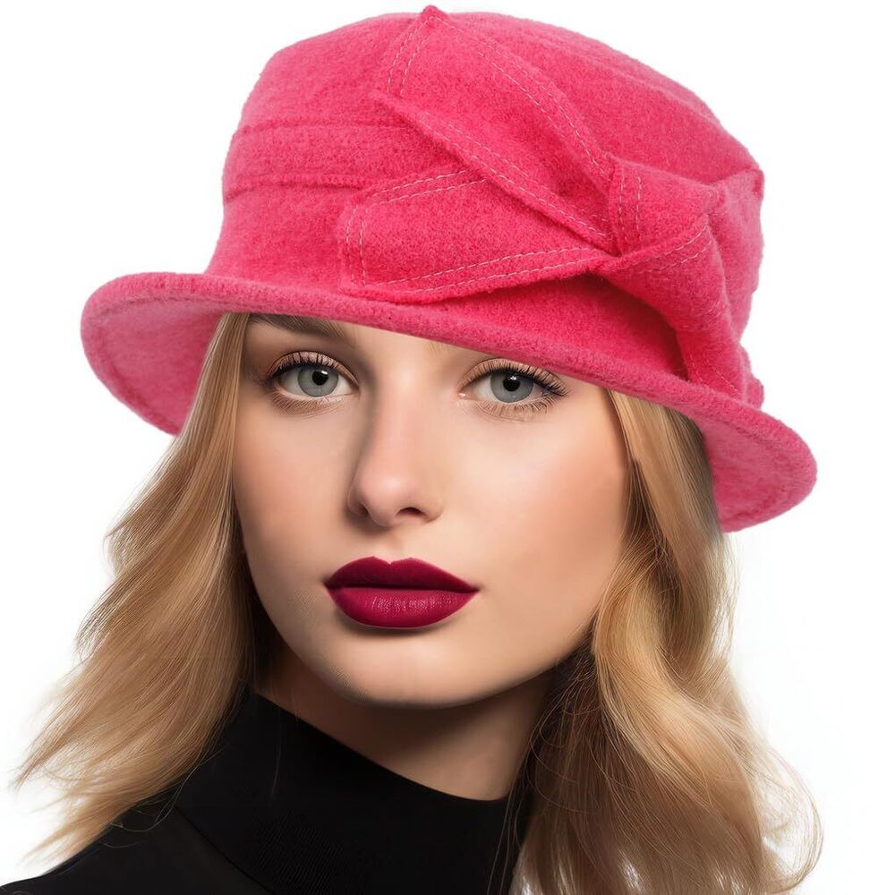 1873 Women Vintage Felt Bucket Hat Winter Wool Dress Beret Hat (c021-rose)